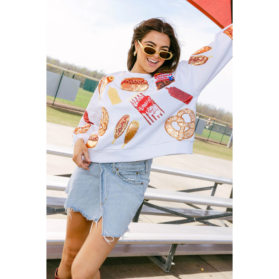 Queen of Sparkles Scattered Ballpark Food Sweatshirt - Women's