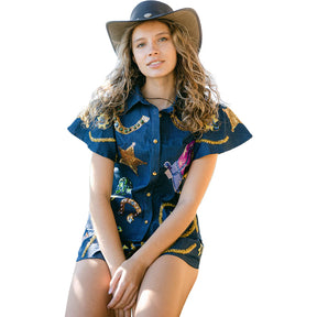 Queen of Sparkles Denim Cowgirl Icon Collar Top - Women's